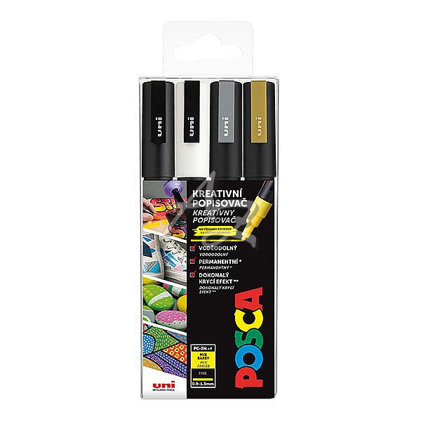 popisovač Uni Posca PC-3M/4ks sada Zlatá,Stříbrná,Černá,Bílá