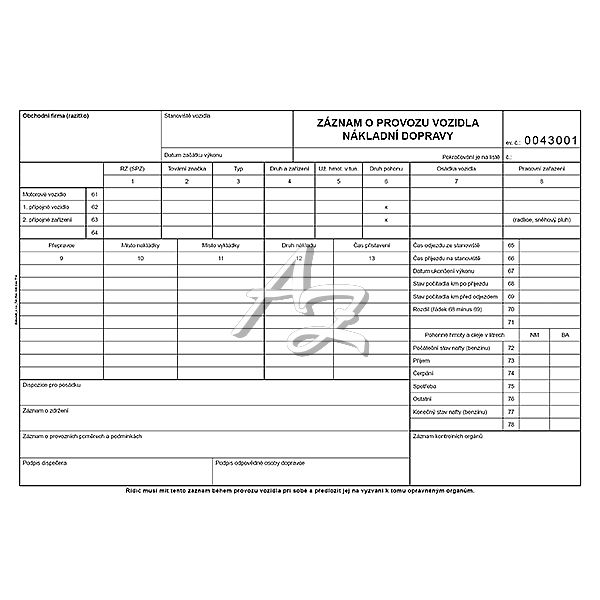 záznam o provozu vozidla nákladní dopravy A4, 50listů (stazka), číslovaný