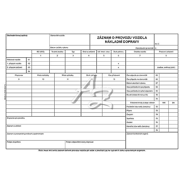 záznam o provozu vozidla nákladní dopravy A4, 50listů (stazka)