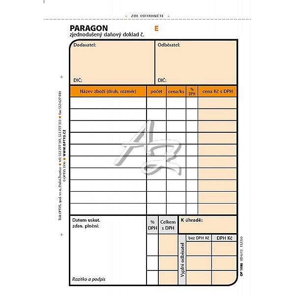 paragon A6 (zjednodušený daňový doklad), NCR 2x50listů, číslovaný, (1086)