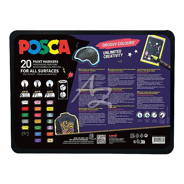 popisovač Uni Posca Groovy Colours/20ks sada v kovovém boxu, mix barev