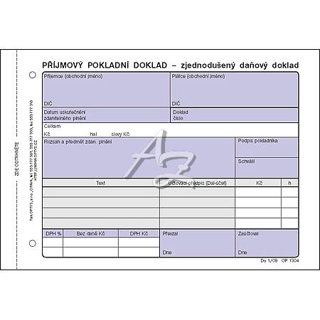 příjmový pokladní doklad A6 (zjednodušený daňový doklad), NCR, 100listů, (1304)