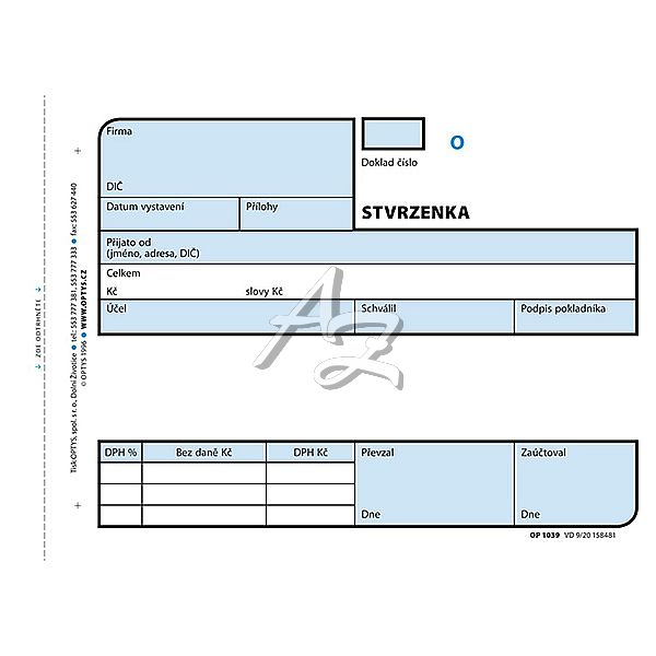 příjmový pokladní doklad A6, číslovaný, 2x50listů, (1039)