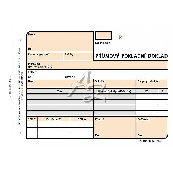 příjmový pokladní doklad A6, NCR, 2x50listů, číslovaný, (1081)