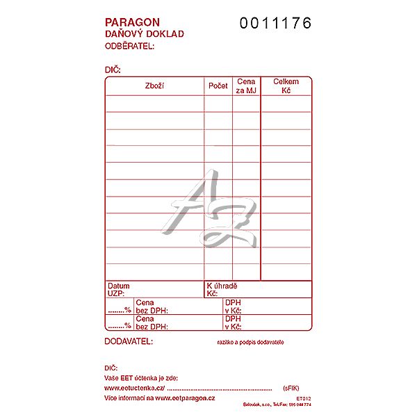 paragon-daňový doklad 80x150mm, 50listů, číslovaný 1+1