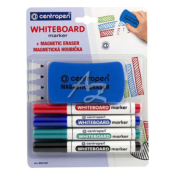 Centropen popisovač 8559/4 + magnetická houbička Whiteboard, 2,5mm válcový hrot Sada 4 barev