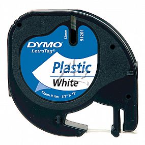 páska DYMO LetraTag plastová, černý tisk/bílý podklad, 12mm/4m