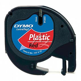 páska DYMO LetraTag plastová, černý tisk/červený podklad, 12mm/4m